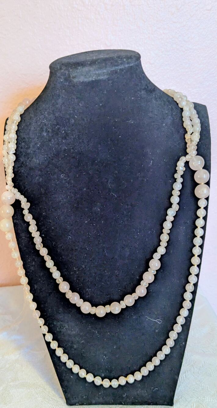 Vintage Natural Rose Quartz Beaded Strand Necklace Long Endless Opera Flapper